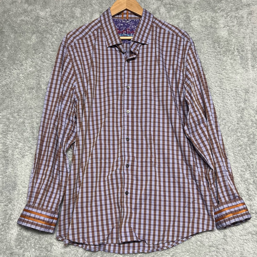 Robert Graham Shirt Button Up Flip Cuff 2XL Purple Check Plaid Tailored Fit‎